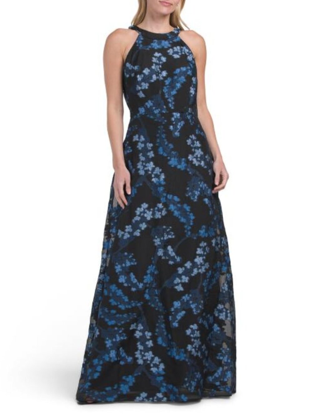BETSY & ADAM Long Brocade Floral Gown